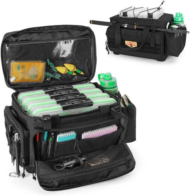 Main image of Waterproof Fishing Tackle Bag with Rod Holder(NO Tackle Boxes) | Soft Tackle Box Organizer Storage Bag with Waterproof EVA Bottom, Pliers Storage for Fishing