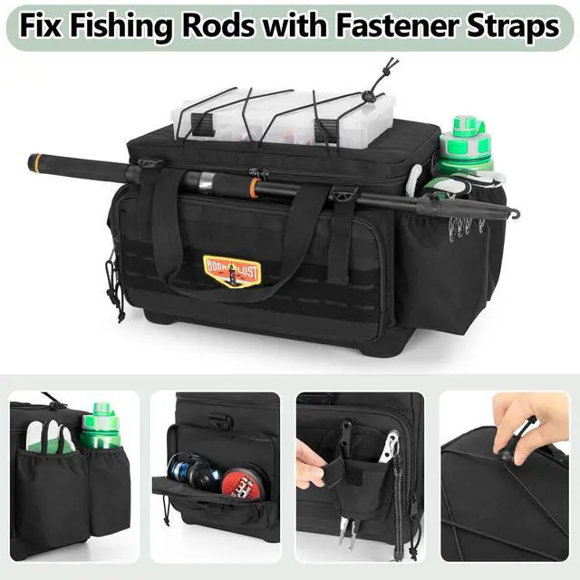 Alt view image 3 of 7 - Waterproof Fishing Tackle Bag with Rod Holder(NO Tackle Boxes) | Soft Tackle Box Organizer Storage Bag with Waterproof EVA Bottom, Pliers Storage for Fishing