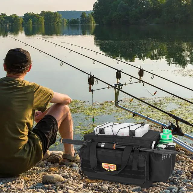 Alt view image 7 of 7 - Waterproof Fishing Tackle Bag with Rod Holder(NO Tackle Boxes) | Soft Tackle Box Organizer Storage Bag with Waterproof EVA Bottom, Pliers Storage for Fishing