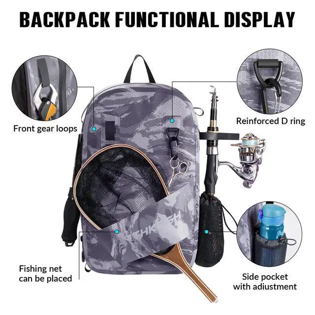 Alt view image 7 of 7 - IPX8 Waterproof Fishing Backpack with Rod Holder, Lightweight Fishing Sling Bag, Move Freely Fish Gifts for Men