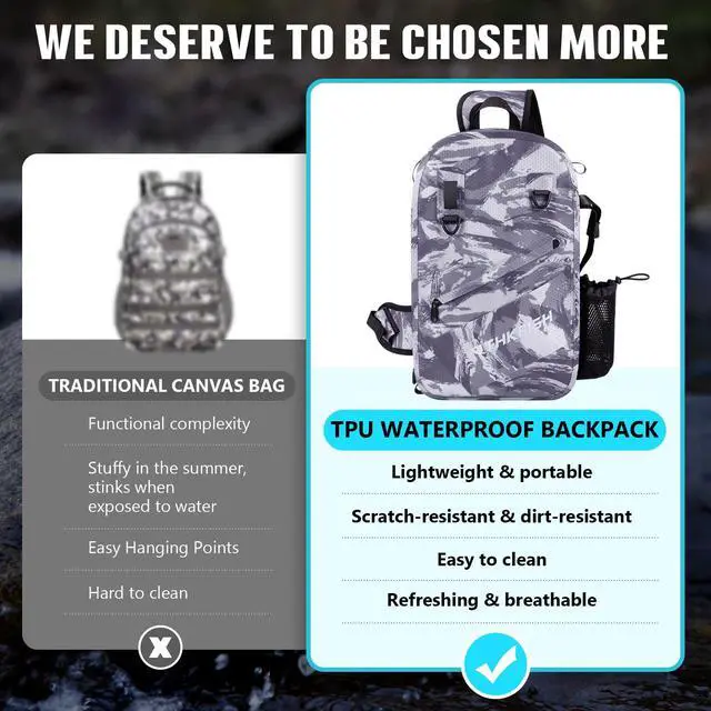 Alt view image 6 of 7 - IPX8 Waterproof Fishing Backpack with Rod Holder, Lightweight Fishing Sling Bag, Move Freely Fish Gifts for Men