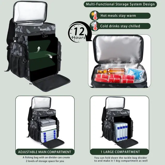 Alt view image 2 of 7 - Fishing Backpack with Cooler & 4 Rod Holder, Large 45L Tackle Bag Store Fishing Gear Boxes Gifts for Men Woman-Camo Back Pack