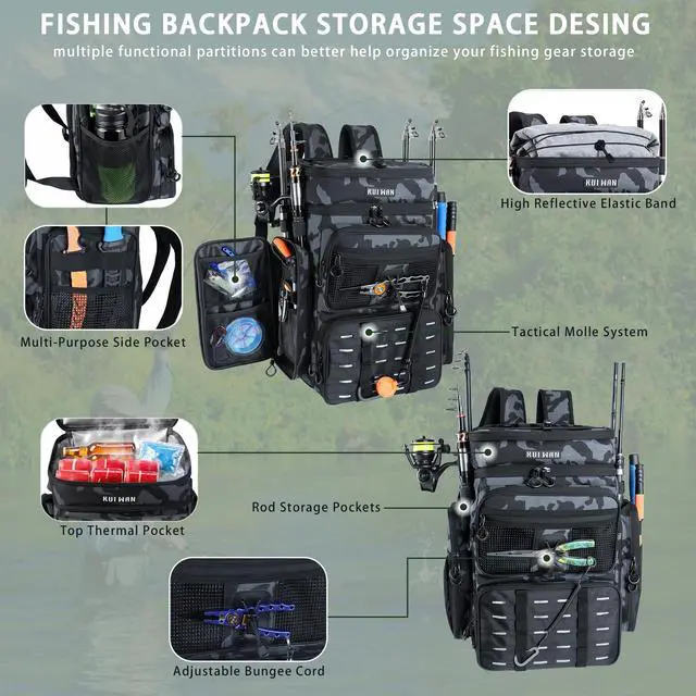 Alt view image 3 of 7 - Fishing Backpack with Cooler & 4 Rod Holder, Large 45L Tackle Bag Store Fishing Gear Boxes Gifts for Men Woman-Camo Back Pack