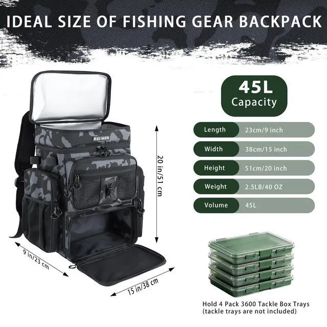 Alt view image 5 of 7 - Fishing Backpack with Cooler & 4 Rod Holder, Large 45L Tackle Bag Store Fishing Gear Boxes Gifts for Men Woman-Camo Back Pack