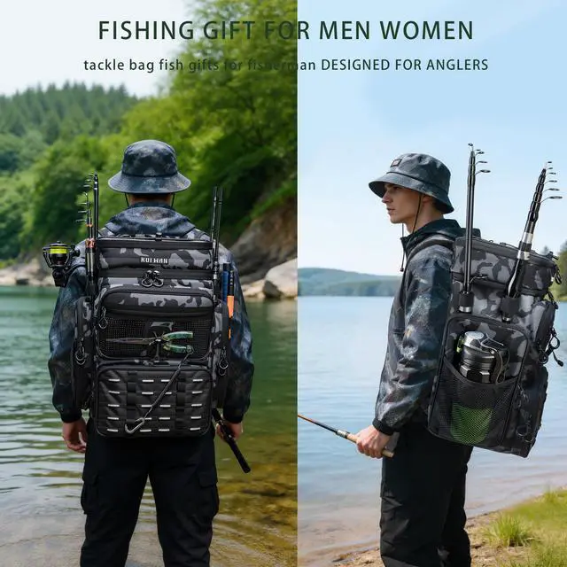 Alt view image 4 of 7 - Fishing Backpack with Cooler & 4 Rod Holder, Large 45L Tackle Bag Store Fishing Gear Boxes Gifts for Men Woman-Camo Back Pack
