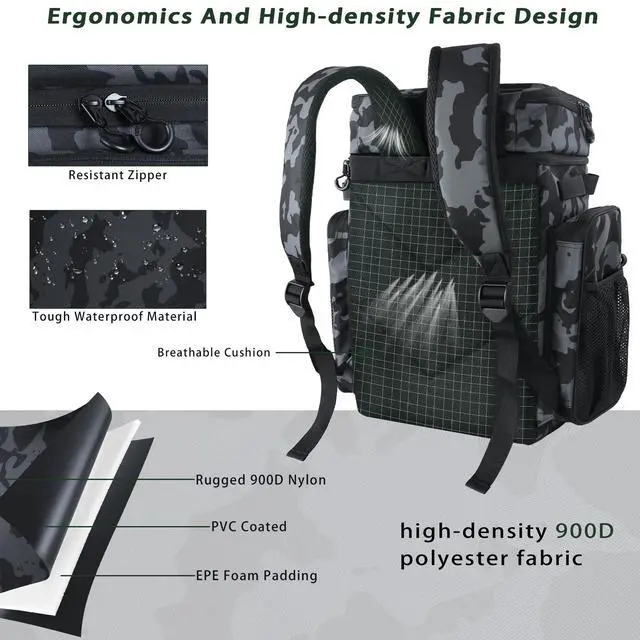 Alt view image 6 of 7 - Fishing Backpack with Cooler & 4 Rod Holder, Large 45L Tackle Bag Store Fishing Gear Boxes Gifts for Men Woman-Camo Back Pack