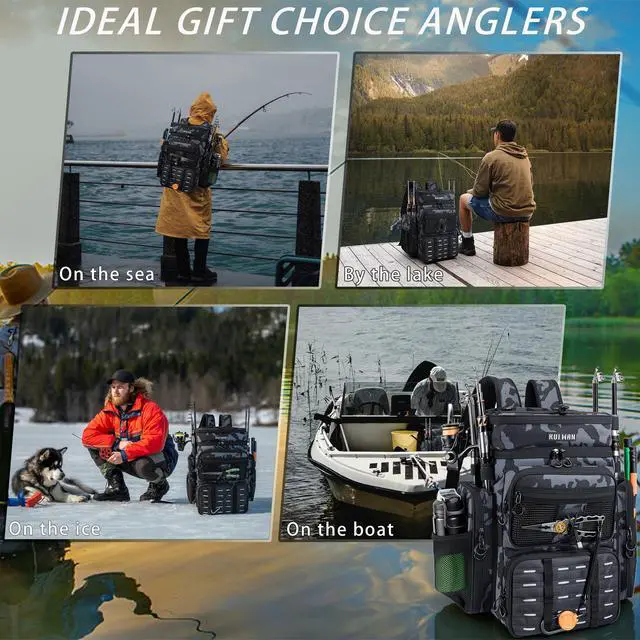 Alt view image 7 of 7 - Fishing Backpack with Cooler & 4 Rod Holder, Large 45L Tackle Bag Store Fishing Gear Boxes Gifts for Men Woman-Camo Back Pack