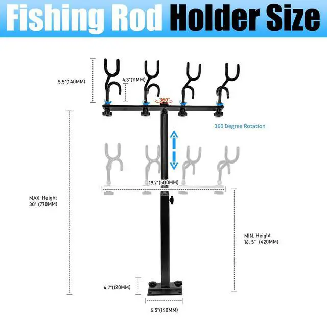 Alt view image 2 of 7 - Fishing Rod Holder for Boat,Marine Fishing Pole Rack with The Function of Holding Four Fishing rods and 360 Degree Rotation & Adjustable Height,Includes mounting Plate