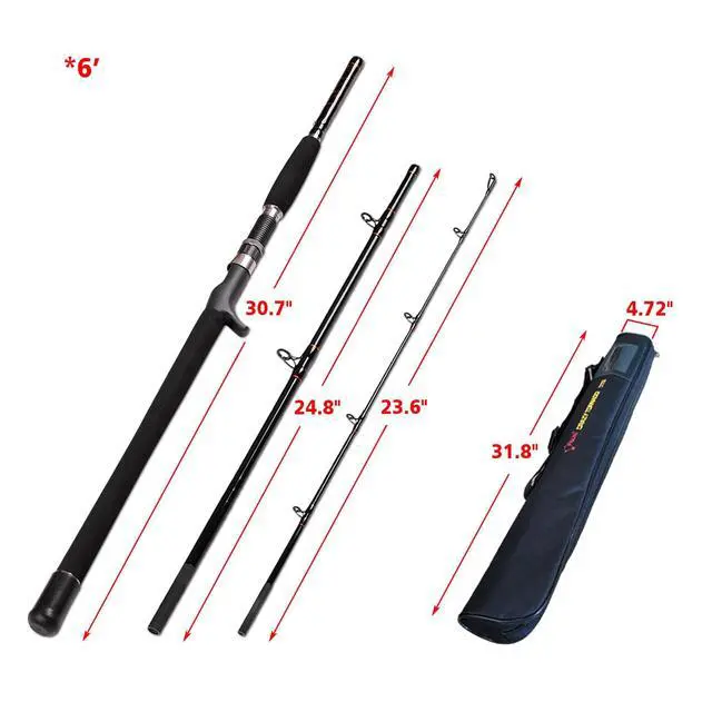 Alt view image 2 of 7 - Portable Saltwater Offshore Heavy 3-Piece Travel Graphite Baitcasting Fishing Poles Casting Boat Jigging Trolling Conventional Rods with Rod Case Bag (6'/7'/8')