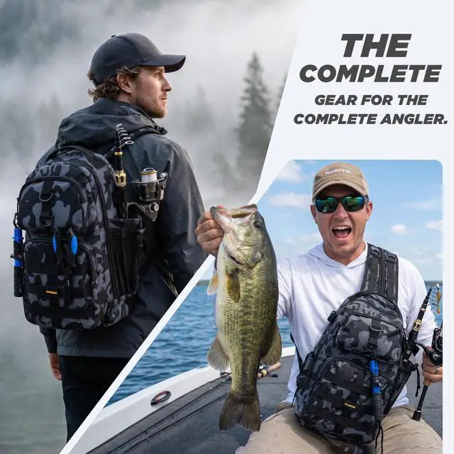 Alt view image 2 of 7 - Fishing Backpack with Fishing Rod &Tackle Boxes, Waterproof Sling Tackle Bag for Fish Gear with Rod Holder, Gifts for Men with Lures, Pliers, Fish Lip Gripper