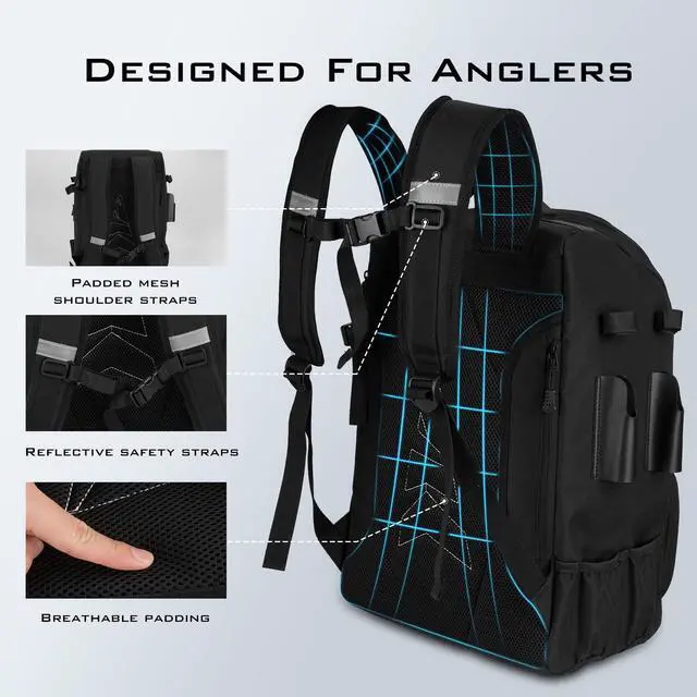 Alt view image 4 of 6 - KarryAll Fishing Tackle Backpack with Rod Holder 4 Tackle Boxes,40/26L Tackle Bag Storage Fishing Gear and Equipment