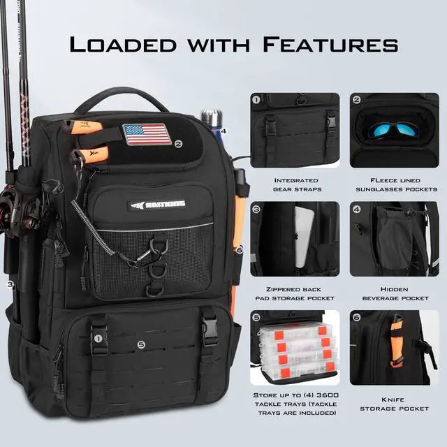 Alt view image 3 of 6 - KarryAll Fishing Tackle Backpack with Rod Holder 4 Tackle Boxes,40/26L Tackle Bag Storage Fishing Gear and Equipment