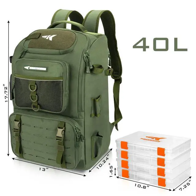 Alt view image 2 of 6 - KarryAll Fishing Tackle Backpack with Rod Holder 4 Tackle Boxes,40/26L Tackle Bag Storage Fishing Gear and Equipment