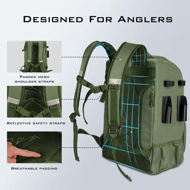 Alt view image 4 of 6 - KarryAll Fishing Tackle Backpack with Rod Holder 4 Tackle Boxes,40/26L Tackle Bag Storage Fishing Gear and Equipment