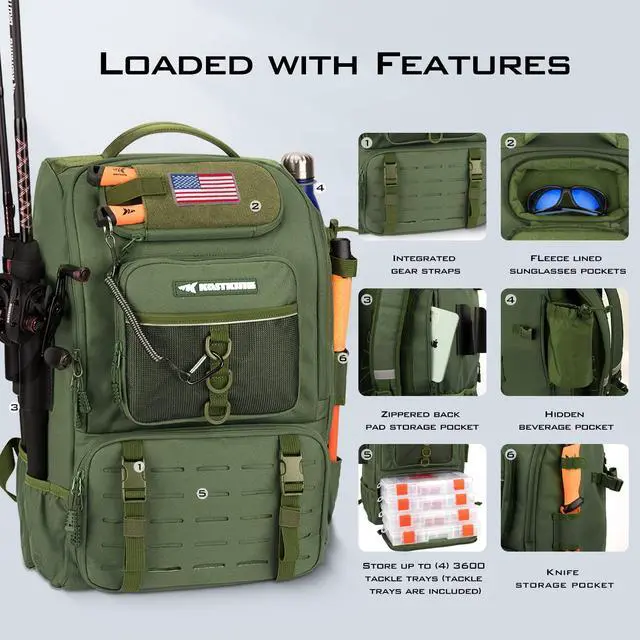 Alt view image 3 of 6 - KarryAll Fishing Tackle Backpack with Rod Holder 4 Tackle Boxes,40/26L Tackle Bag Storage Fishing Gear and Equipment