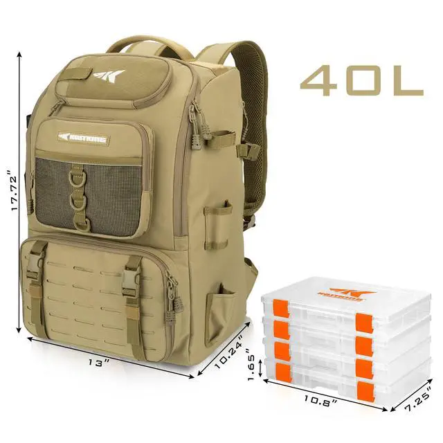 Alt view image 2 of 6 - KarryAll Fishing Tackle Backpack with Rod Holder 4 Tackle Boxes,40/26L Tackle Bag Storage Fishing Gear and Equipment