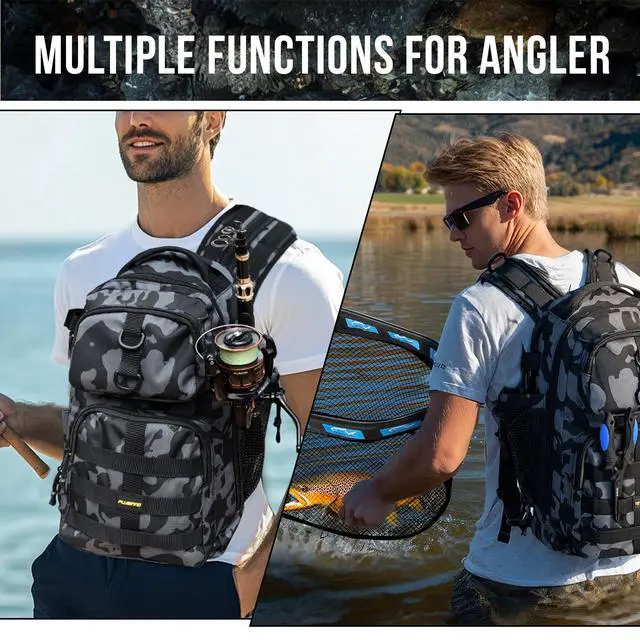 Alt view image 7 of 7 - Fishing Backpack with Floating Fishing Net, Tackle Boxes, Waterproof Sling Tackle Bag For Fish Gear With Rod Holder, Gifts for Men