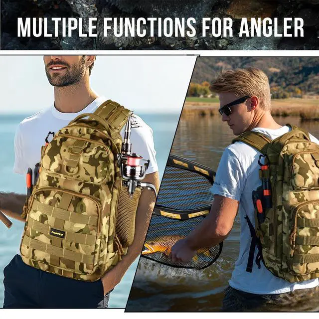 Alt view image 2 of 7 - Fishing Backpack with Floating Fishing Net, Tackle Boxes, Waterproof Sling Tackle Bag For Fish Gear With Rod Holder, Gifts for Men