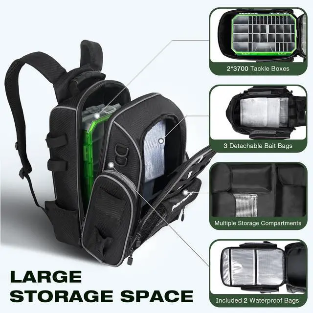 Alt view image 3 of 7 - Fishing Backpack 2 * 3700 Tackle Boxes 40L Waterproof Tackle Backpack with Rod Holders Large Outdoor Storage Tackle Bag for Fishing Men Women