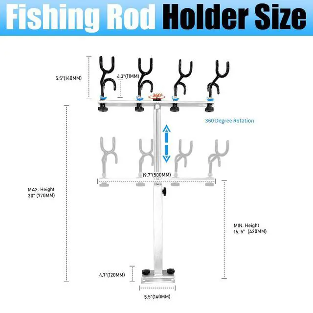 Alt view image 2 of 6 - Fishing Rod Holder for Boat,Marine Fishing Pole Rack with The Function of Holding Four Fishing rods and 360 Degree Rotation & Adjustable Height,Includes mounting Plate