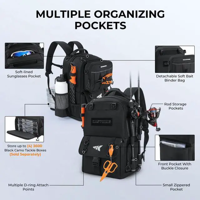Alt view image 4 of 7 - BaitSpace Fishing Tackle Backpack with Removable Bait Binder,2 Rod Holders Storage Fishing Gear and Equipment