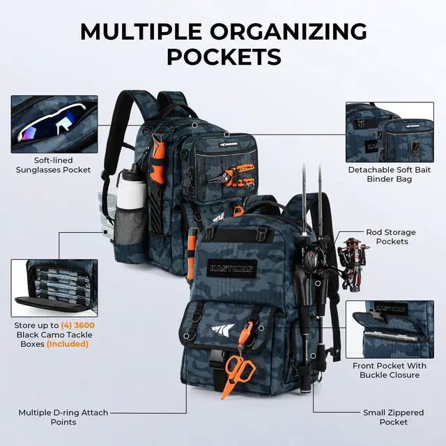 Alt view image 4 of 7 - BaitSpace Fishing Tackle Backpack with Removable Bait Binder,2 Rod Holders Storage Fishing Gear and Equipment