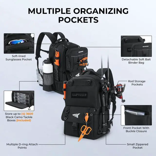 Alt view image 4 of 7 - BaitSpace Fishing Tackle Backpack with Removable Bait Binder,2 Rod Holders Storage Fishing Gear and Equipment
