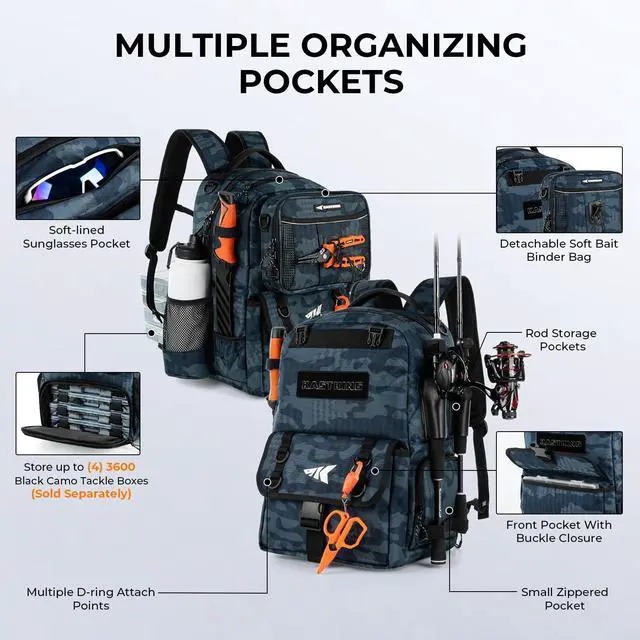 Alt view image 4 of 7 - BaitSpace Fishing Tackle Backpack with Removable Bait Binder,2 Rod Holders Storage Fishing Gear and Equipment
