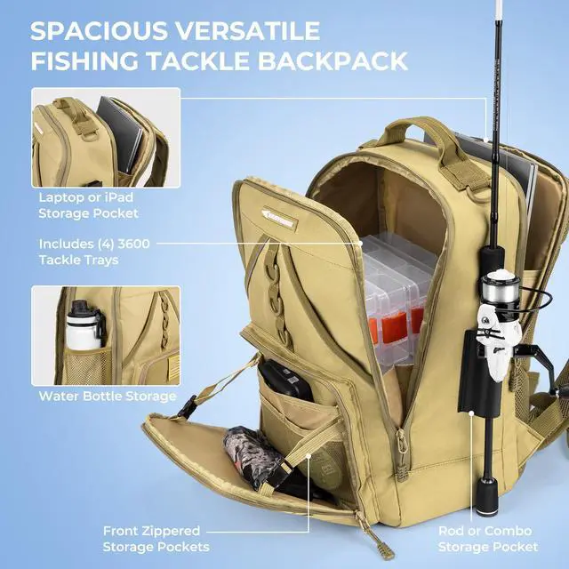 Alt view image 3 of 7 - KarryAll Fishing Tackle Backpack with Rod Holder 4 Tackle Boxes,40/26L Tackle Bag Storage Fishing Gear and Equipment