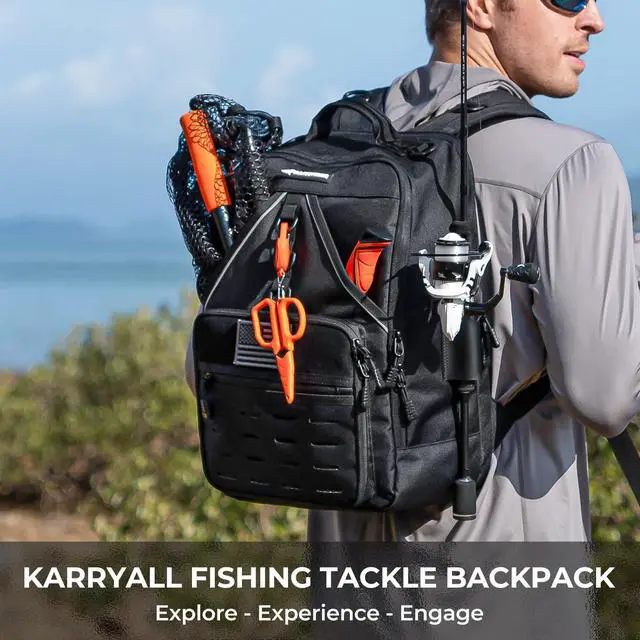 Alt view image 2 of 7 - KarryAll Fishing Tackle Backpack with Rod Holder 4 Tackle Boxes,40/26L Tackle Bag Storage Fishing Gear and Equipment