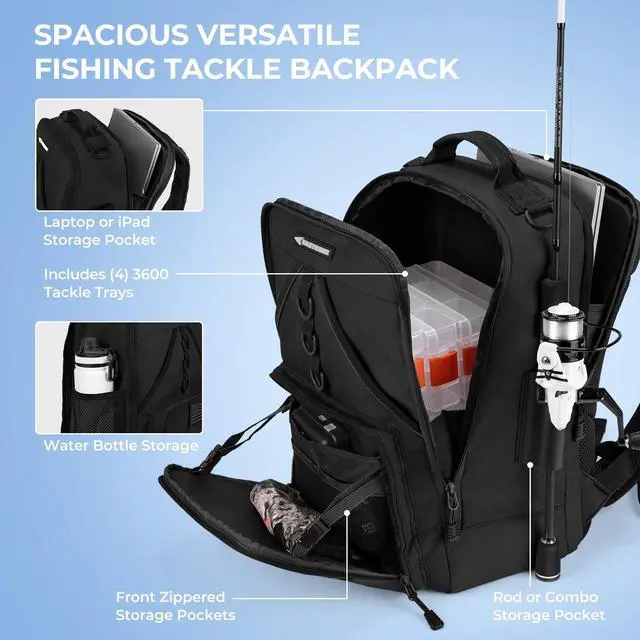 Alt view image 3 of 7 - KarryAll Fishing Tackle Backpack with Rod Holder 4 Tackle Boxes,40/26L Tackle Bag Storage Fishing Gear and Equipment