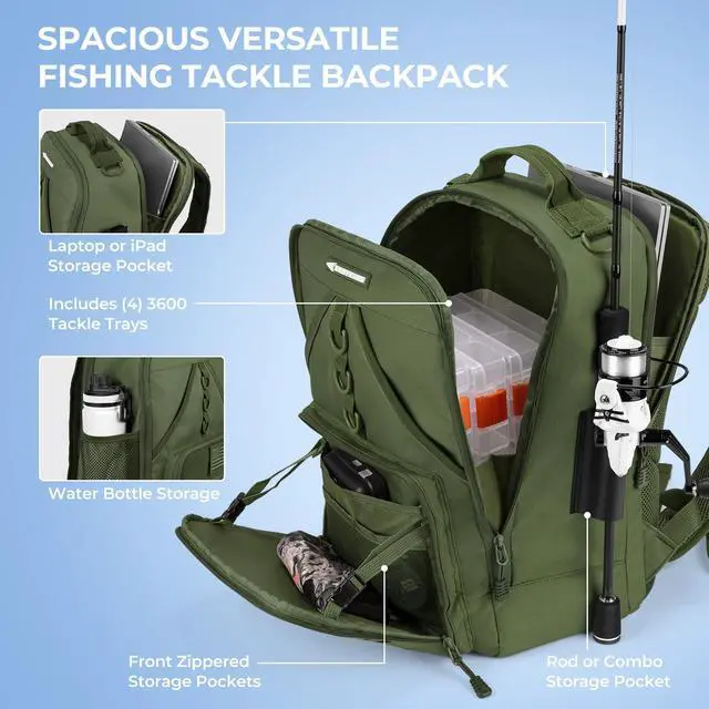 Alt view image 3 of 7 - KarryAll Fishing Tackle Backpack with Rod Holder 4 Tackle Boxes,40/26L Tackle Bag Storage Fishing Gear and Equipment