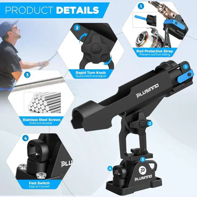 Alt view image 3 of 7 - 2 in 1 Fishing Rod Holders for Boat, Kayak Fishing Rod Holder, Fishing Pole Holders for Track Mount / Deck Mount, Fishing Gear with Fishing Rod Protective Strap, Fishing Accessories & Gifts