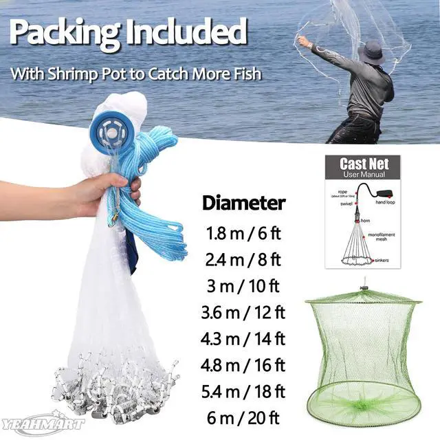 Alt view image 3 of 7 - American Saltwater Fishing Cast Net for Bait Trap Fish 3ft/4ft/5ft/6ft/7ft/8ft/9ft/10ft Radius Casting Nets with Heavy Duty Real Zinc Sinker Weights, 3/8inch Mesh Size