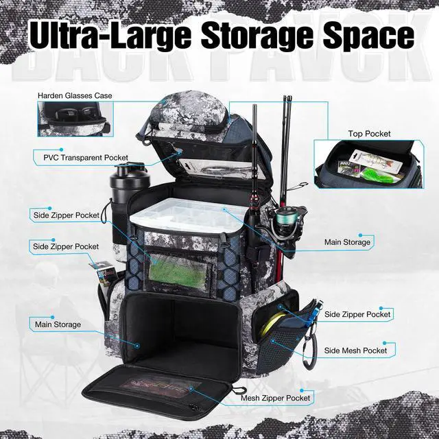 Alt view image 3 of 6 - Fishing Tackle Backpack with Rod Holders & 4 Tackle Boxes, 42L Outdoor Fishing Bag with Waterproof Rain Cover
