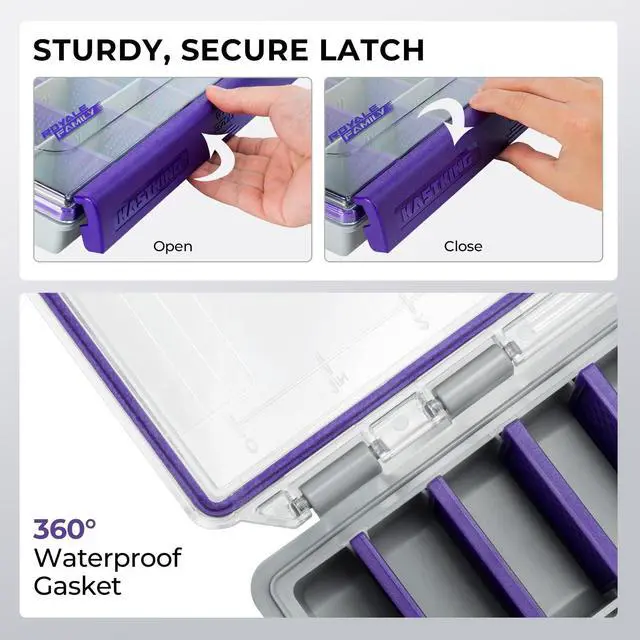 Alt view image 5 of 7 - HyperSeal Waterproof Tackle Box, 3600 and 3700 Tackle Trays, Fishing Tackle Box Organizer with Removable Dividers, Lure Box and Terminal Tackle Storage,Purple