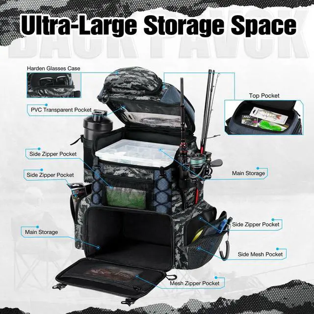 Alt view image 3 of 6 - Fishing Tackle Backpack with Rod Holders & 4 Tackle Boxes, 42L Outdoor Fishing Bag with Waterproof Rain Cover