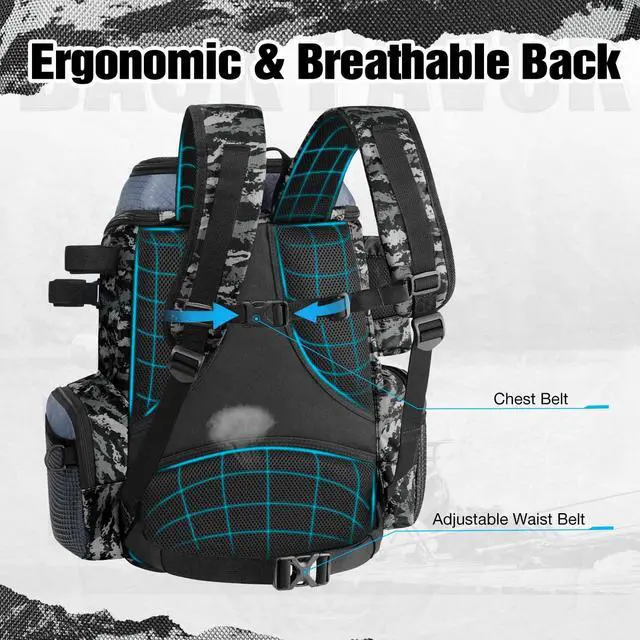 Alt view image 4 of 6 - Fishing Tackle Backpack with Rod Holders & 4 Tackle Boxes, 42L Outdoor Fishing Bag with Waterproof Rain Cover