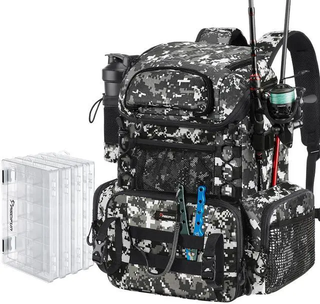 Main image of Fishing Tackle Backpack with Rod Holders & 4 Tackle Boxes, 42L Outdoor Fishing Bag with Waterproof Rain Cover