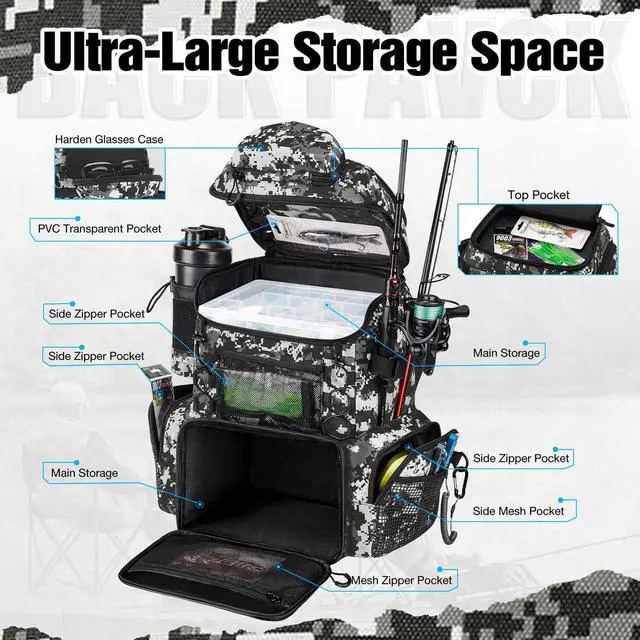 Alt view image 3 of 6 - Fishing Tackle Backpack with Rod Holders & 4 Tackle Boxes, 42L Outdoor Fishing Bag with Waterproof Rain Cover