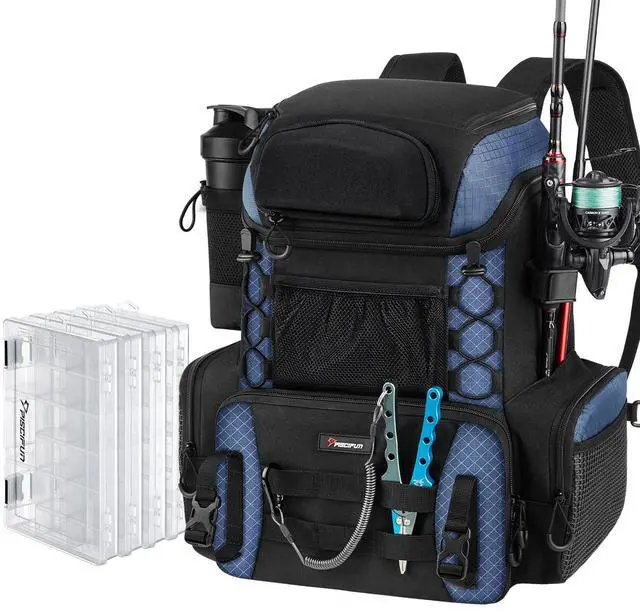 Main image of Fishing Tackle Backpack with Rod Holders & 4 Tackle Boxes, 42L Outdoor Fishing Bag with Waterproof Rain Cover