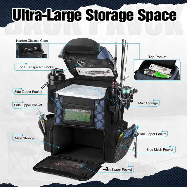 Alt view image 2 of 5 - Fishing Tackle Backpack with Rod Holders & 4 Tackle Boxes, 42L Outdoor Fishing Bag with Waterproof Rain Cover