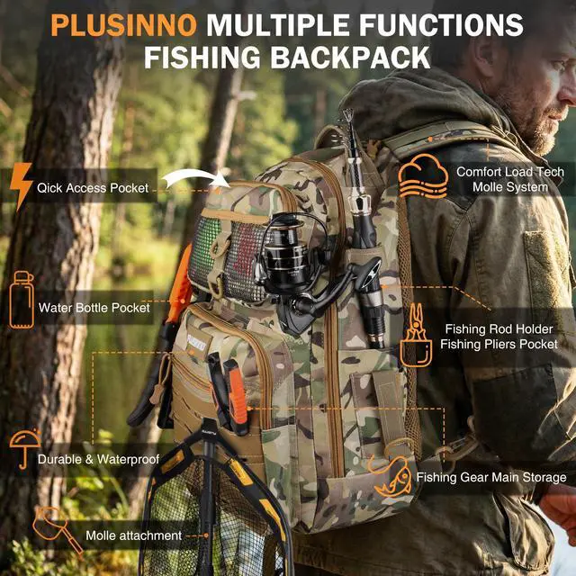 Alt view image 3 of 7 - Fishing Backpack with Fishing Gear Fishing Net, Waterproof Tackle Backpack with Rod Holders, Tackle Box, Lures, Tools, Pliers & Accessories, Fish Gifts for Men