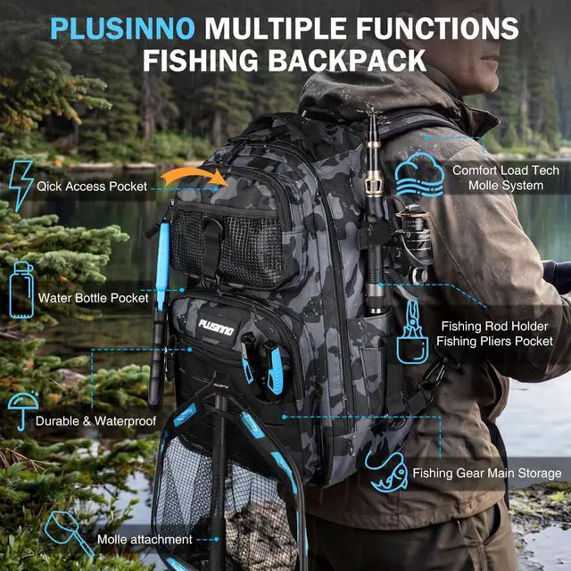 Alt view image 2 of 7 - Fishing Backpack with Fishing Gear Fishing Net, Waterproof Tackle Backpack with Rod Holders, Tackle Box, Lures, Tools, Pliers & Accessories, Fish Gifts for Men