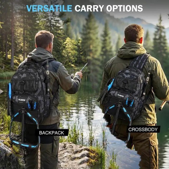 Alt view image 5 of 7 - Fishing Backpack with Fishing Gear Fishing Net, Waterproof Tackle Backpack with Rod Holders, Tackle Box, Lures, Tools, Pliers & Accessories, Fish Gifts for Men