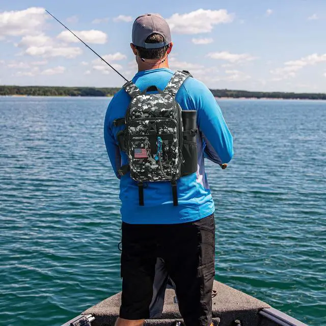 Alt view image 2 of 7 - Fishing Tackle Backpack with Rod & Gear Holder, Lightweight Outdoor Water-Resistant Fishing Shoulder Storage Bag with Protective Rain Cover, Digital Camouflage