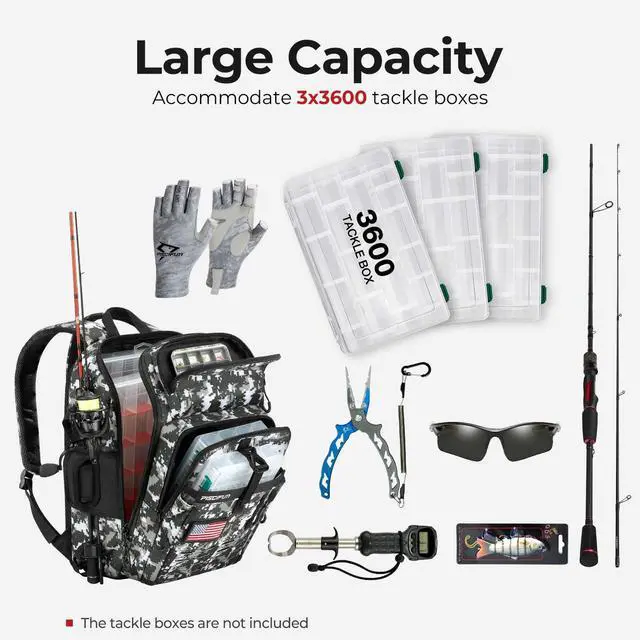 Alt view image 5 of 7 - Fishing Tackle Backpack with Rod & Gear Holder, Lightweight Outdoor Water-Resistant Fishing Shoulder Storage Bag with Protective Rain Cover, Digital Camouflage