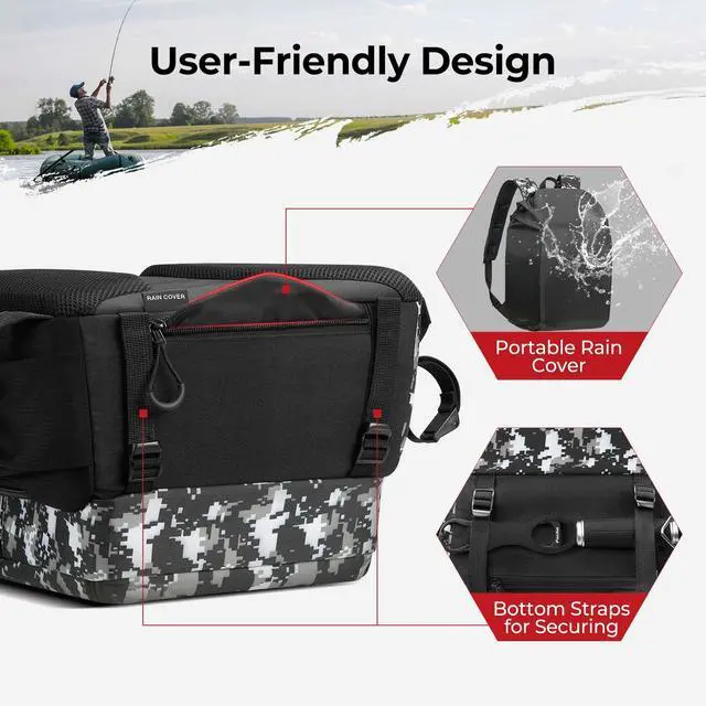 Alt view image 7 of 7 - Fishing Tackle Backpack with Rod & Gear Holder, Lightweight Outdoor Water-Resistant Fishing Shoulder Storage Bag with Protective Rain Cover, Digital Camouflage