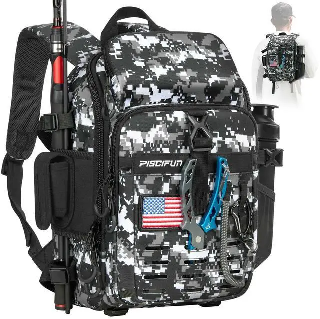Main image of Fishing Tackle Backpack with Rod & Gear Holder, Lightweight Outdoor Water-Resistant Fishing Shoulder Storage Bag with Protective Rain Cover, Digital Camouflage