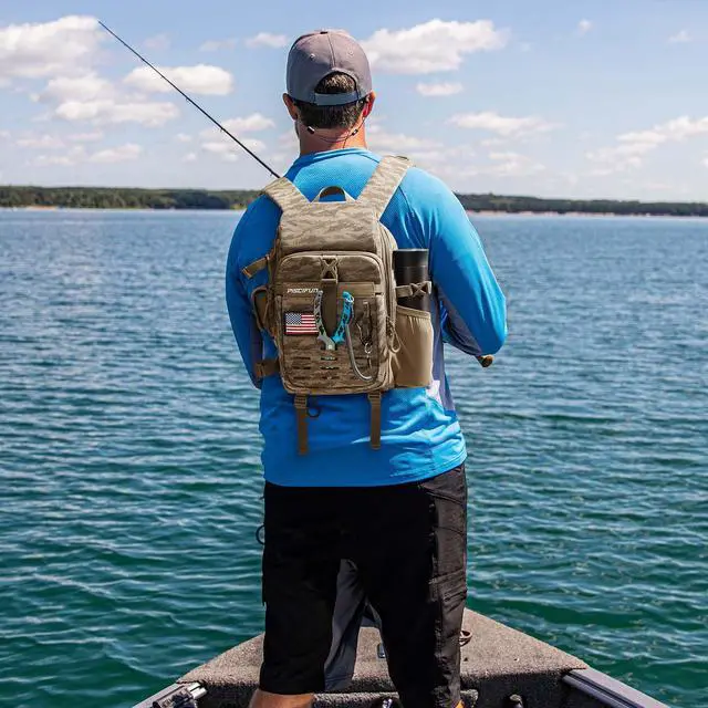 Alt view image 2 of 6 - Fishing Tackle Backpack with Rod & Gear Holder, Lightweight Outdoor Water-Resistant Fishing Shoulder Storage Bag with Protective Rain Cover, Khaki Camouflage